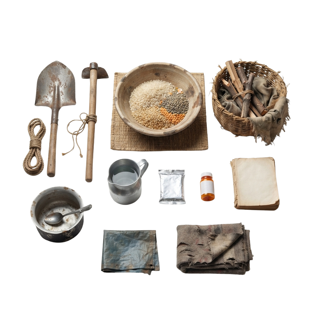 Collection of old gardening tools, seeds, cloth, and containers arranged on a dark background