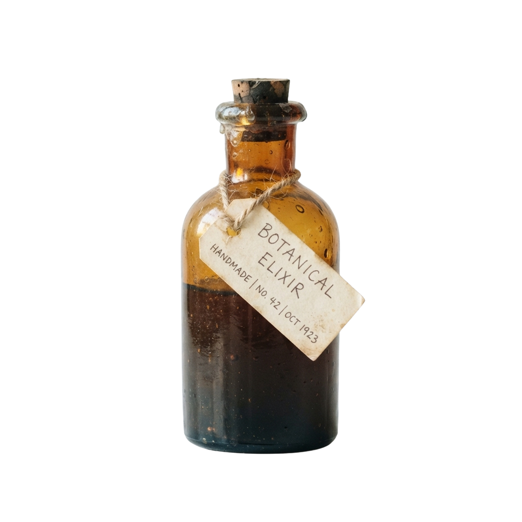 Old amber glass bottle labeled Botanical Elixir, handmade in October 1923, with a cork stopper and twine.