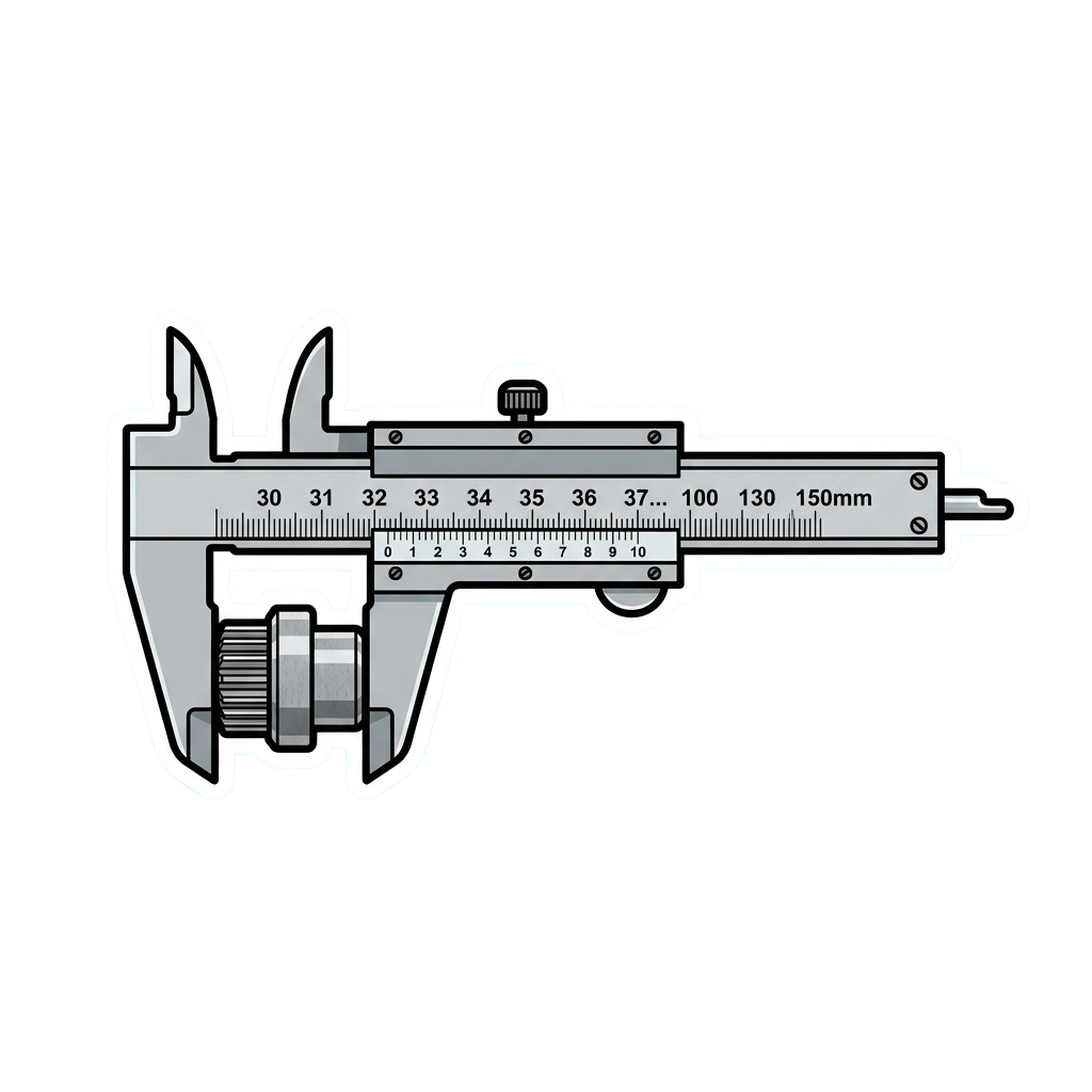 Illustration of a caliper measuring tool with millimeter scale markings and sliding jaw