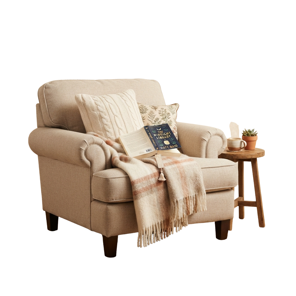 Light beige armchair with a book, blanket, pillows, small side table, mug, and potted plant