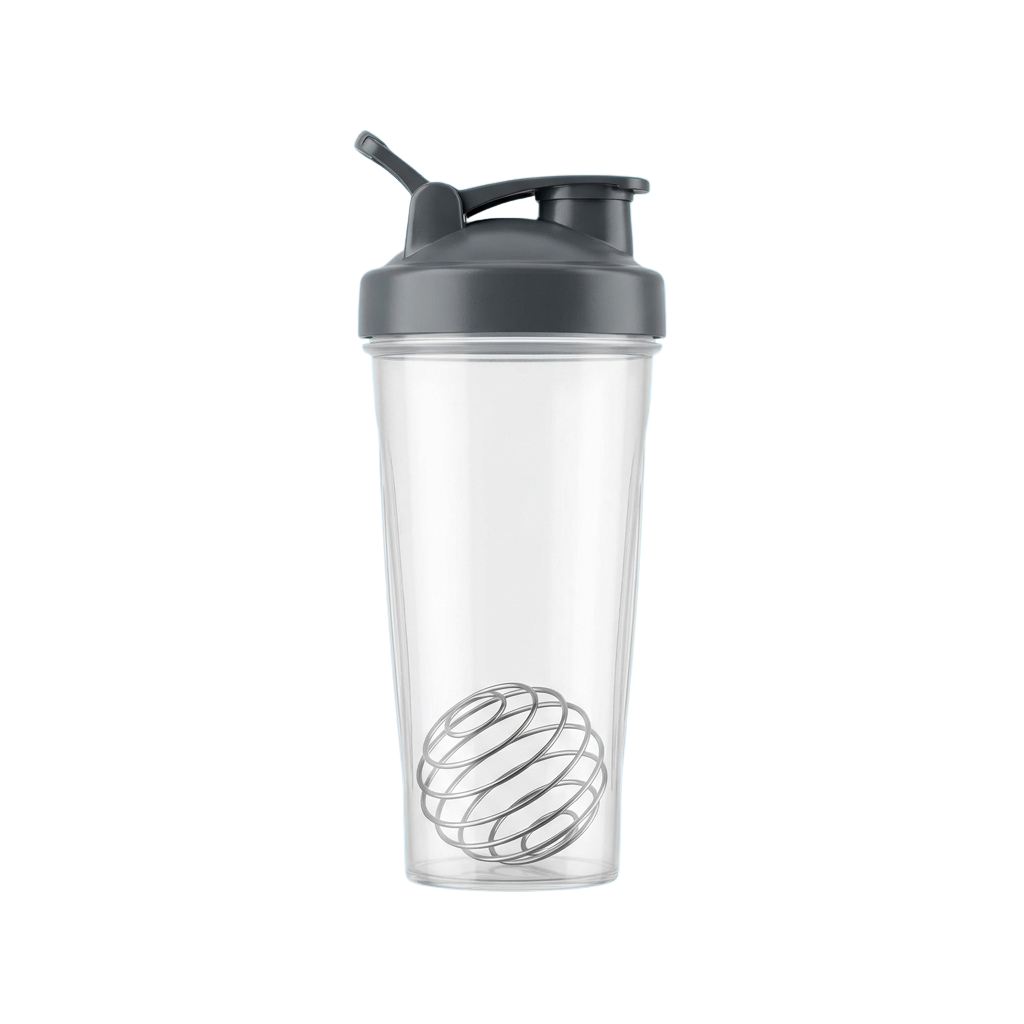 A clear plastic shaker bottle with a black lid and a silver whisk logo on the side