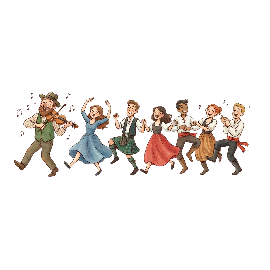 Illustration of a group of six people dancing joyfully to traditional folk music with a violinist leading
