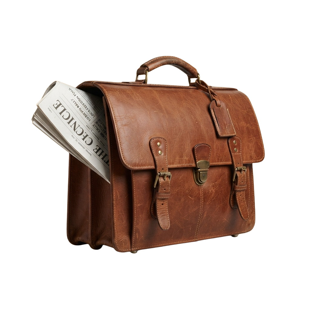 A brown leather briefcase open with a newspaper titled The Cincile partially visible inside