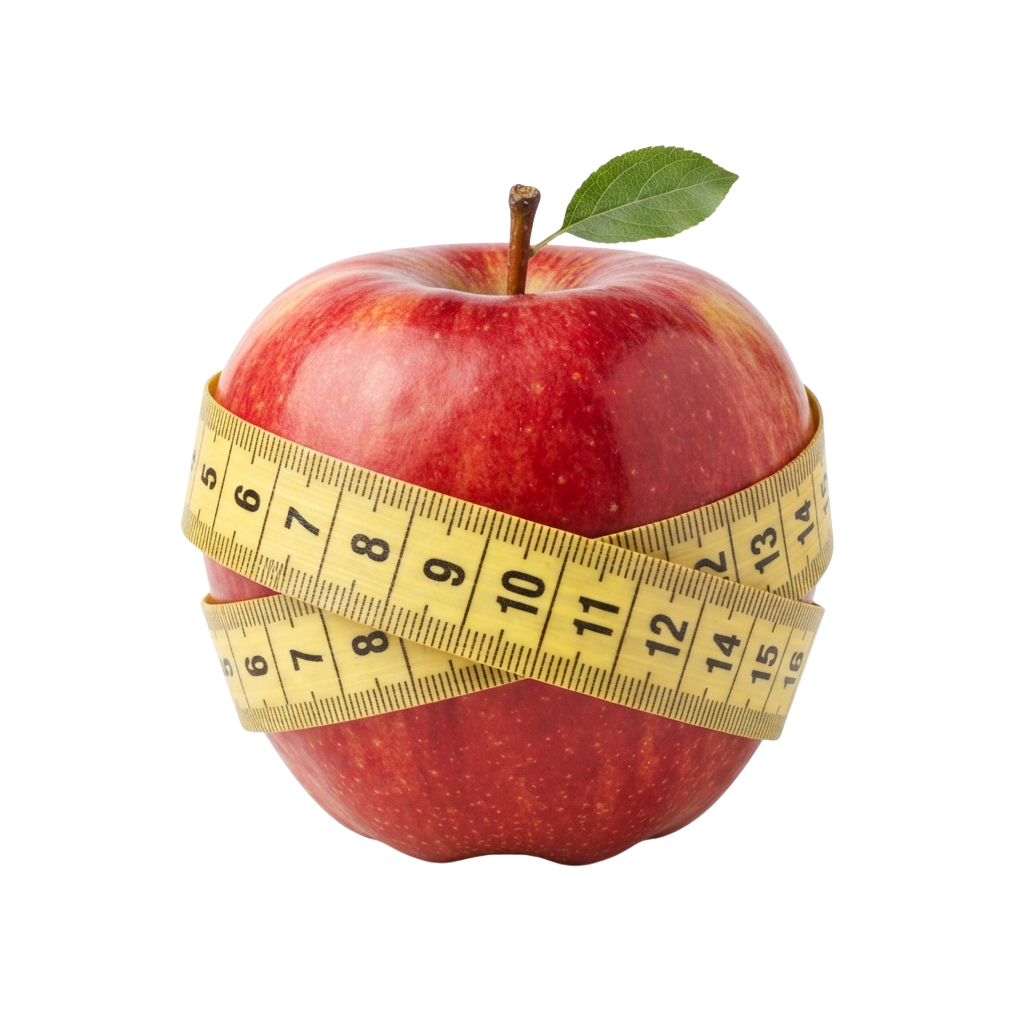 A red apple wrapped with a yellow measuring tape showing numbers from 5 to 15.