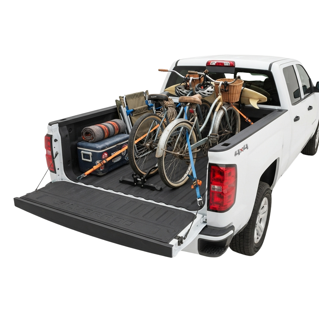 White pickup truck bed with bicycles secured by a rack and additional gear stored inside