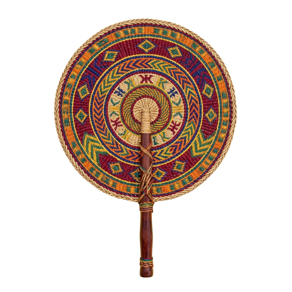 A round woven fan with vibrant geometric patterns and a wooden handle.