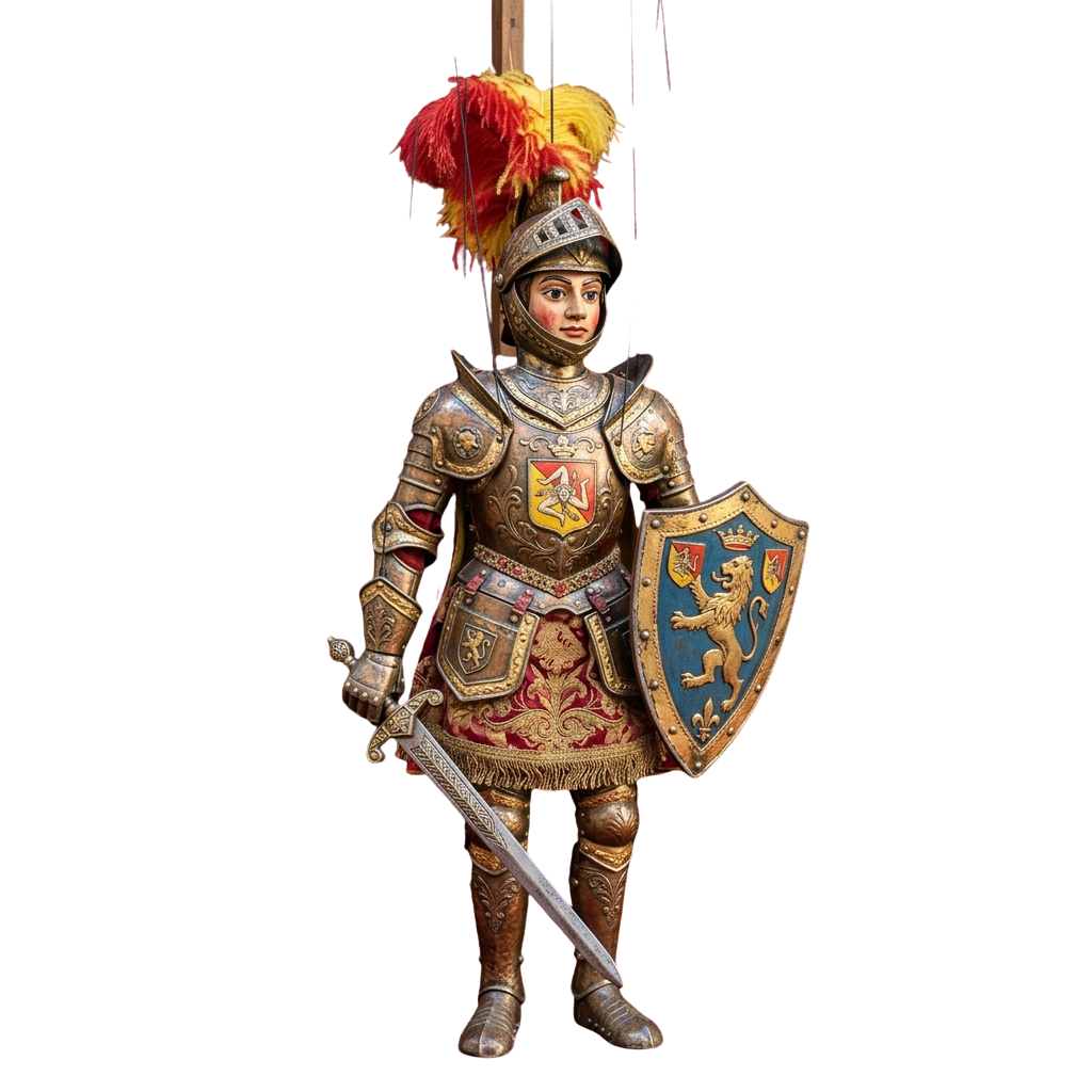 A figurine of a knight in detailed medieval armor holding a shield with a lion emblem and a sword