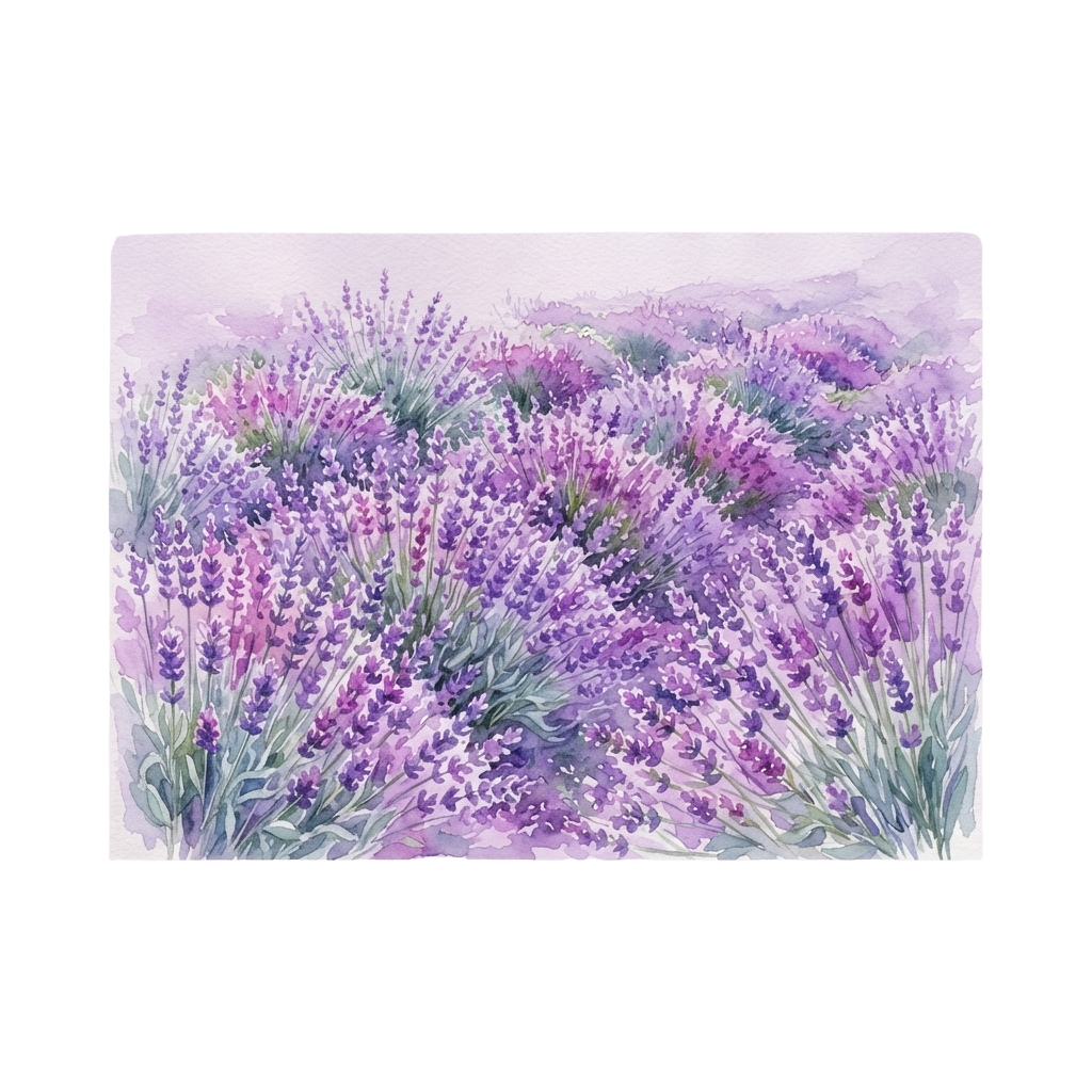 Watercolor painting of a vibrant lavender field with purple flowers and green foliage