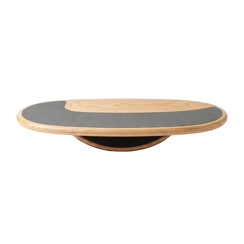 A wooden hoverboard with a light brown frame and gray deck surface.