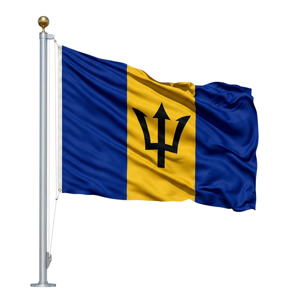Barbados flag with blue background, yellow stripe, and black trident emblem waving on a flagpole
