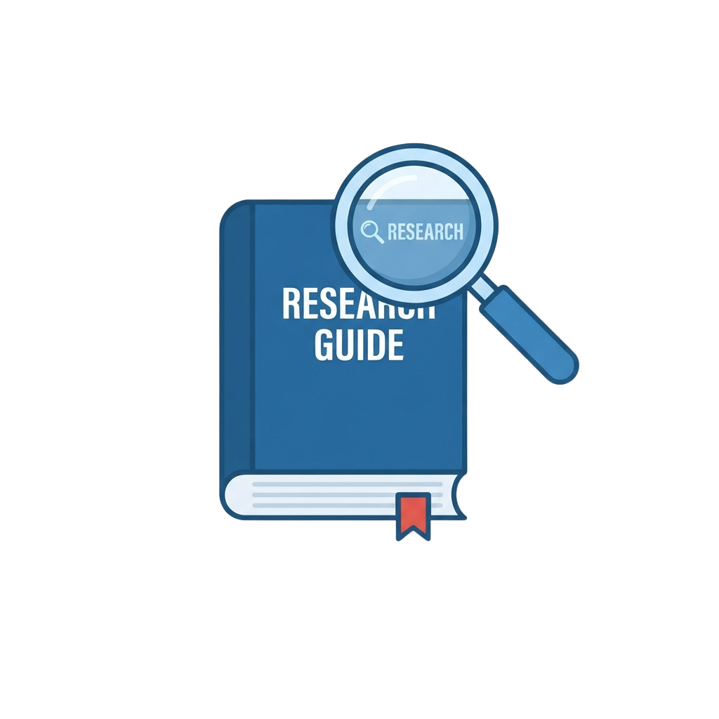 A blue book labeled Research Guide being examined by a magnifying glass with the word Research inside it