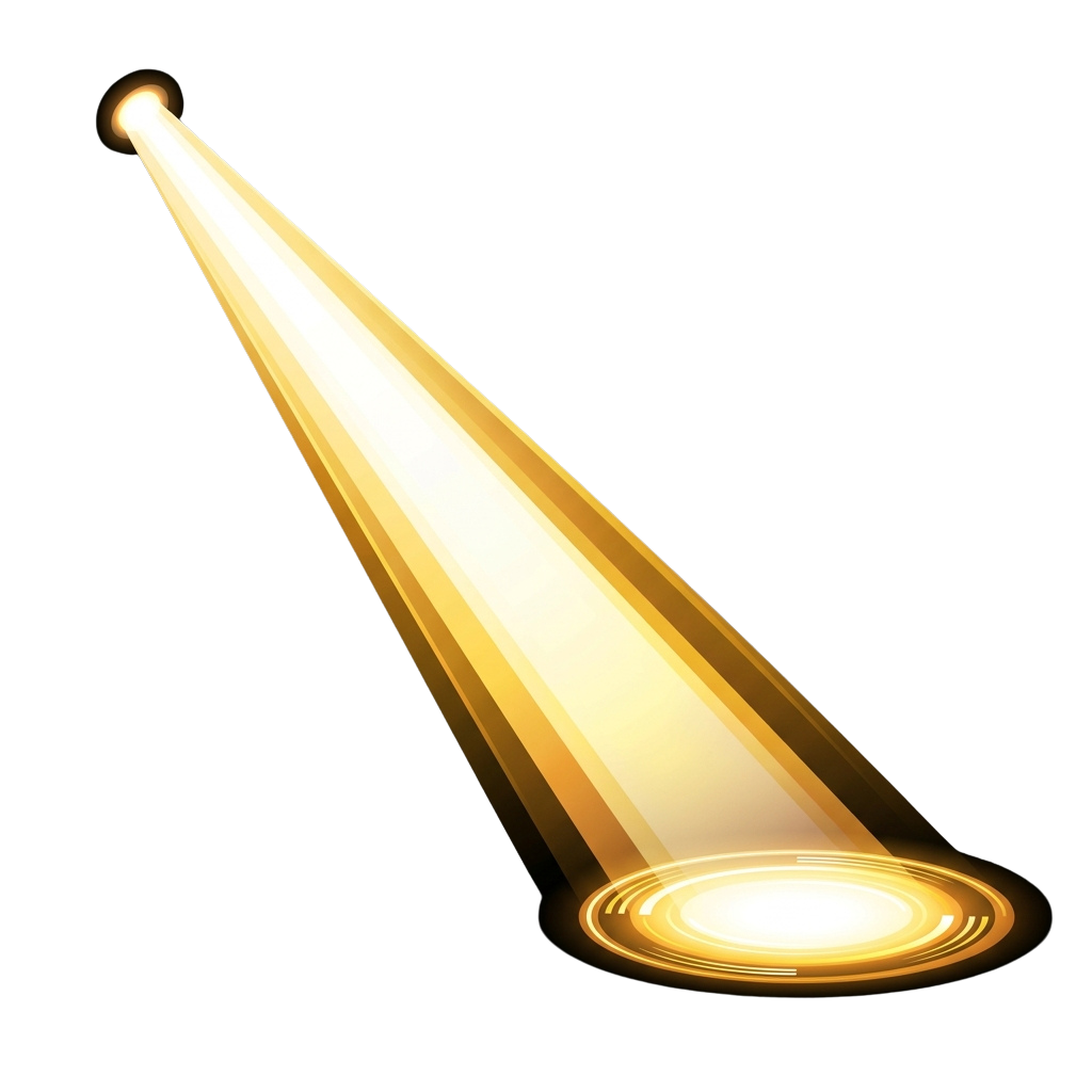 A bright spotlight beam shining diagonally on a dark background with a glowing light source at the base