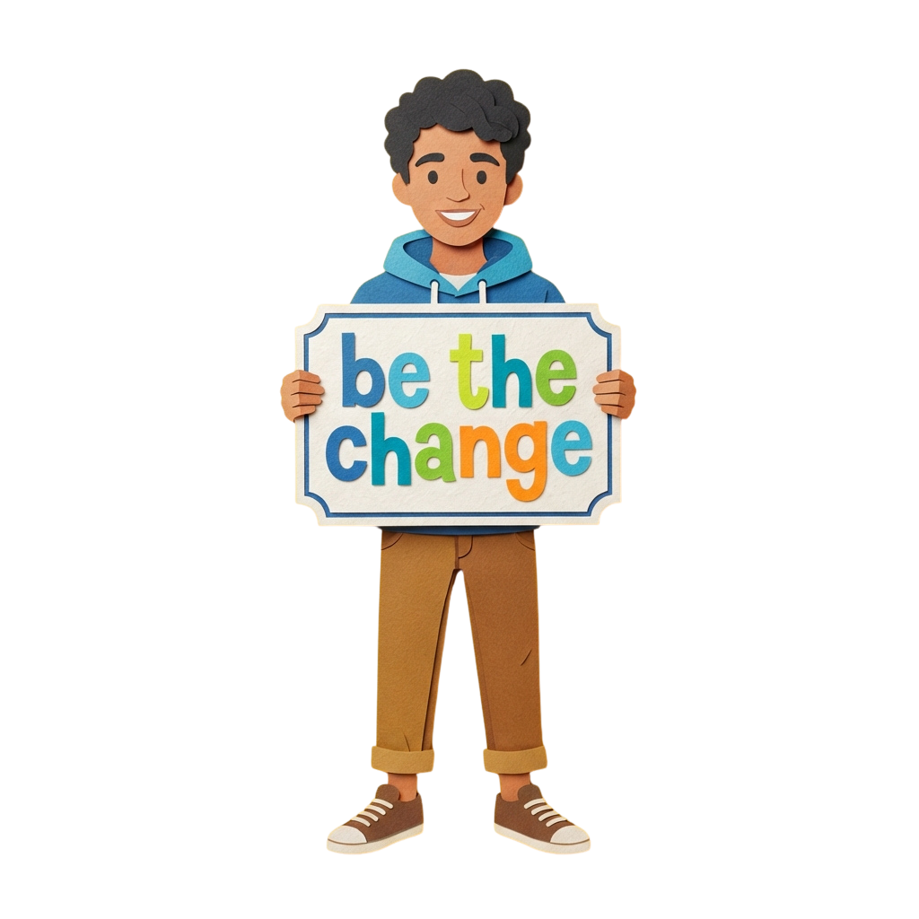Smiling person holding a sign that reads be the change