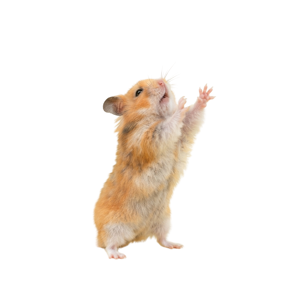A hamster standing on hind legs with front paws raised against a black background