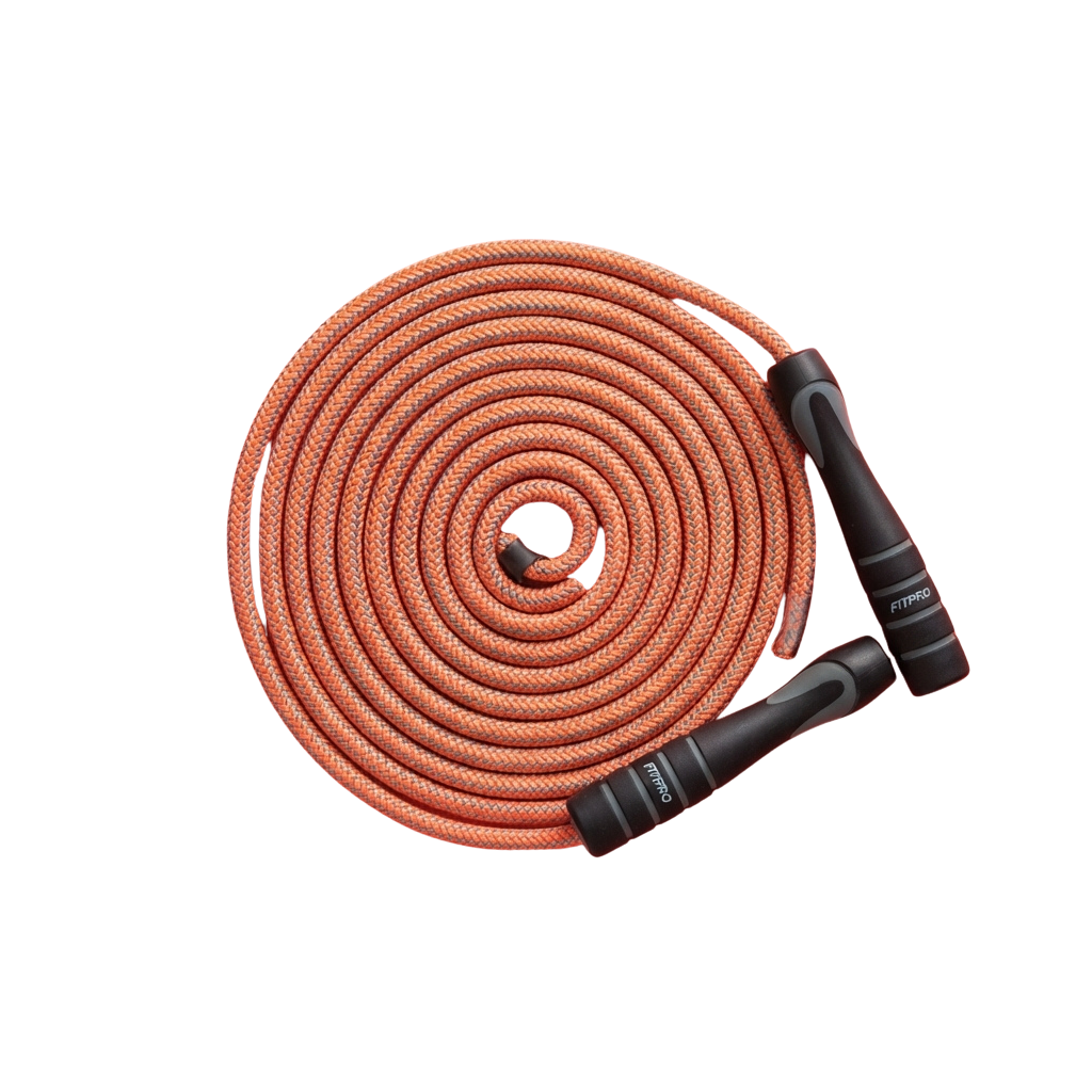 Coiled orange jump rope with black adjustable handles laid on a black background