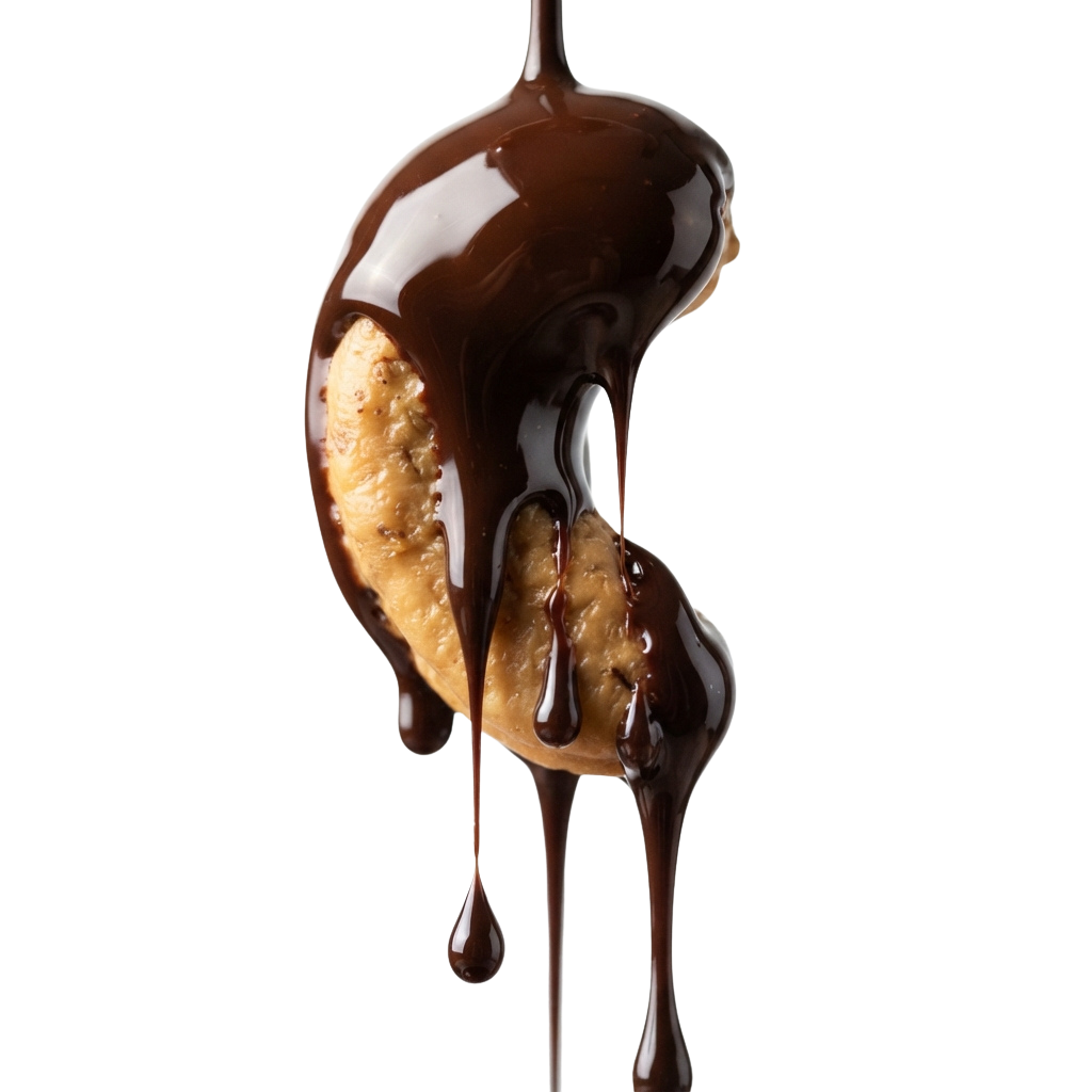 Two donuts partially covered in thick chocolate dripping downwards against a black background