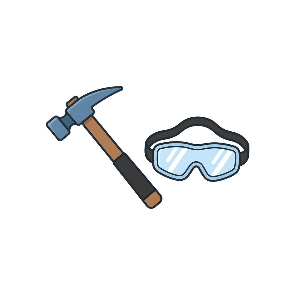 Illustration of a hammer and safety goggles on a black background