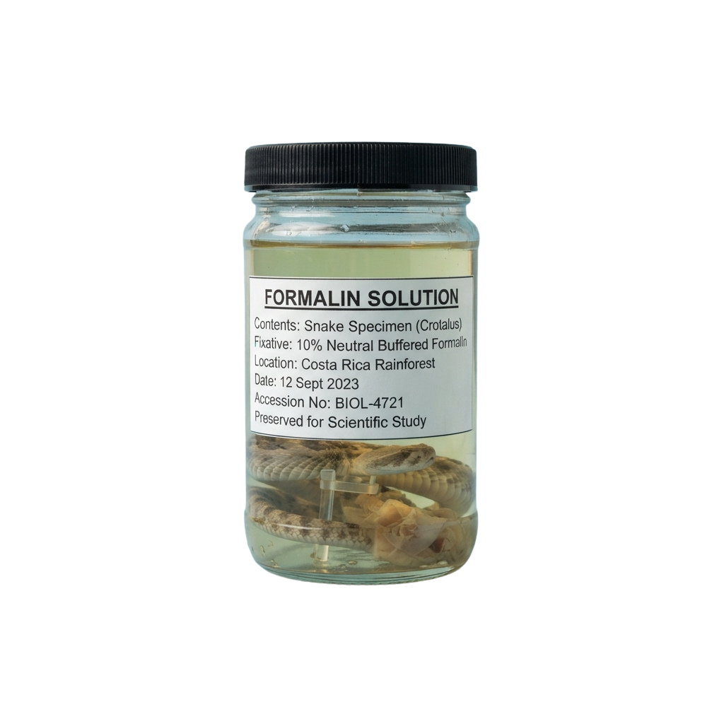 A jar containing a preserved snake specimen in formalin solution with a labeled tag.