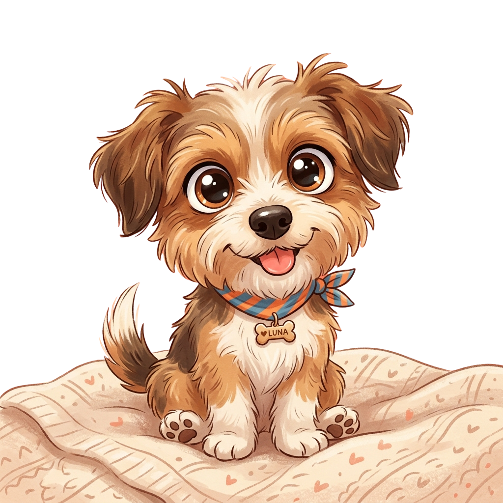A smiling cartoon puppy with fluffy brown fur, a bow tie, and a tag reading Luna sitting on a heart-patterned blanket
