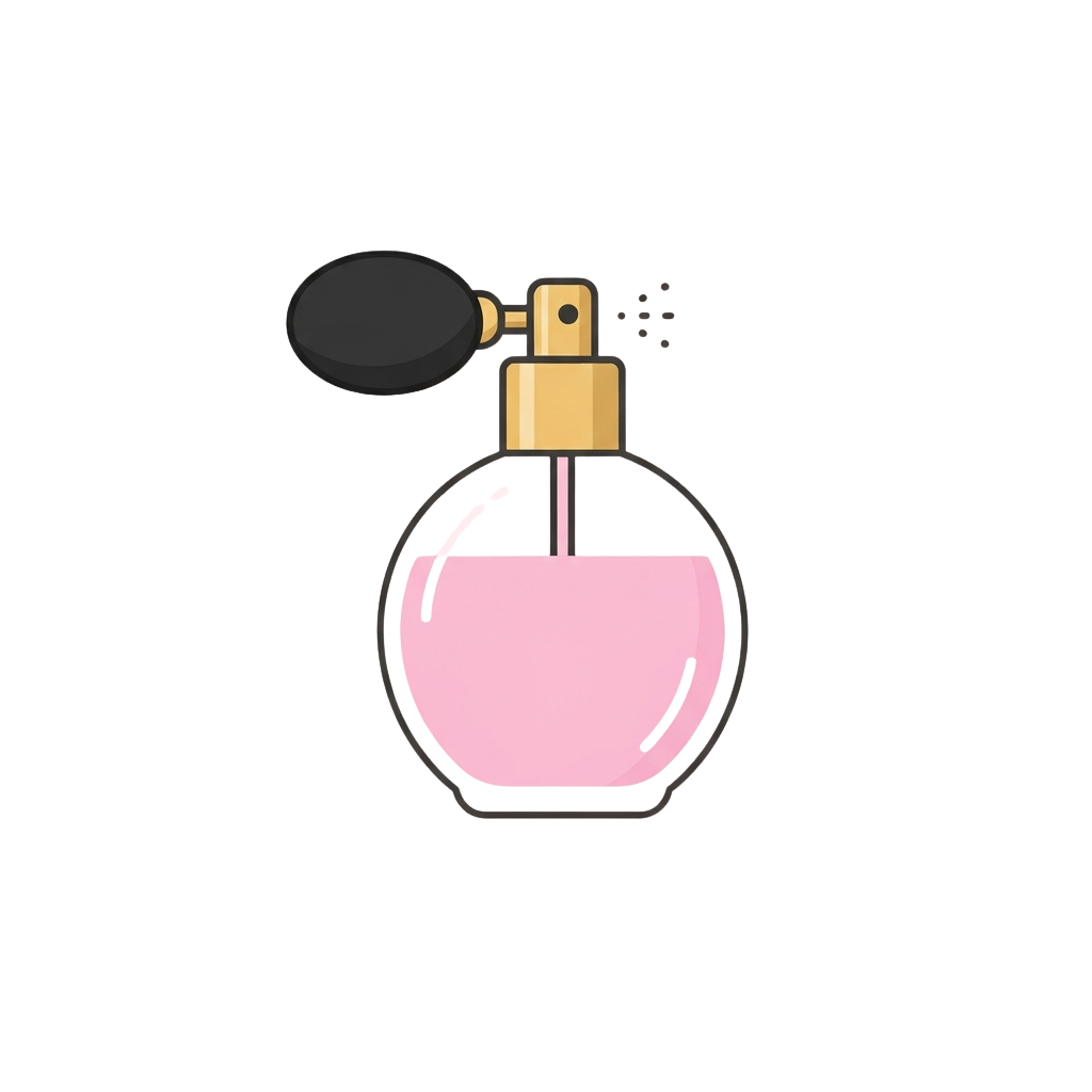 Illustration of a pink perfume bottle with a gold spray nozzle and black cap