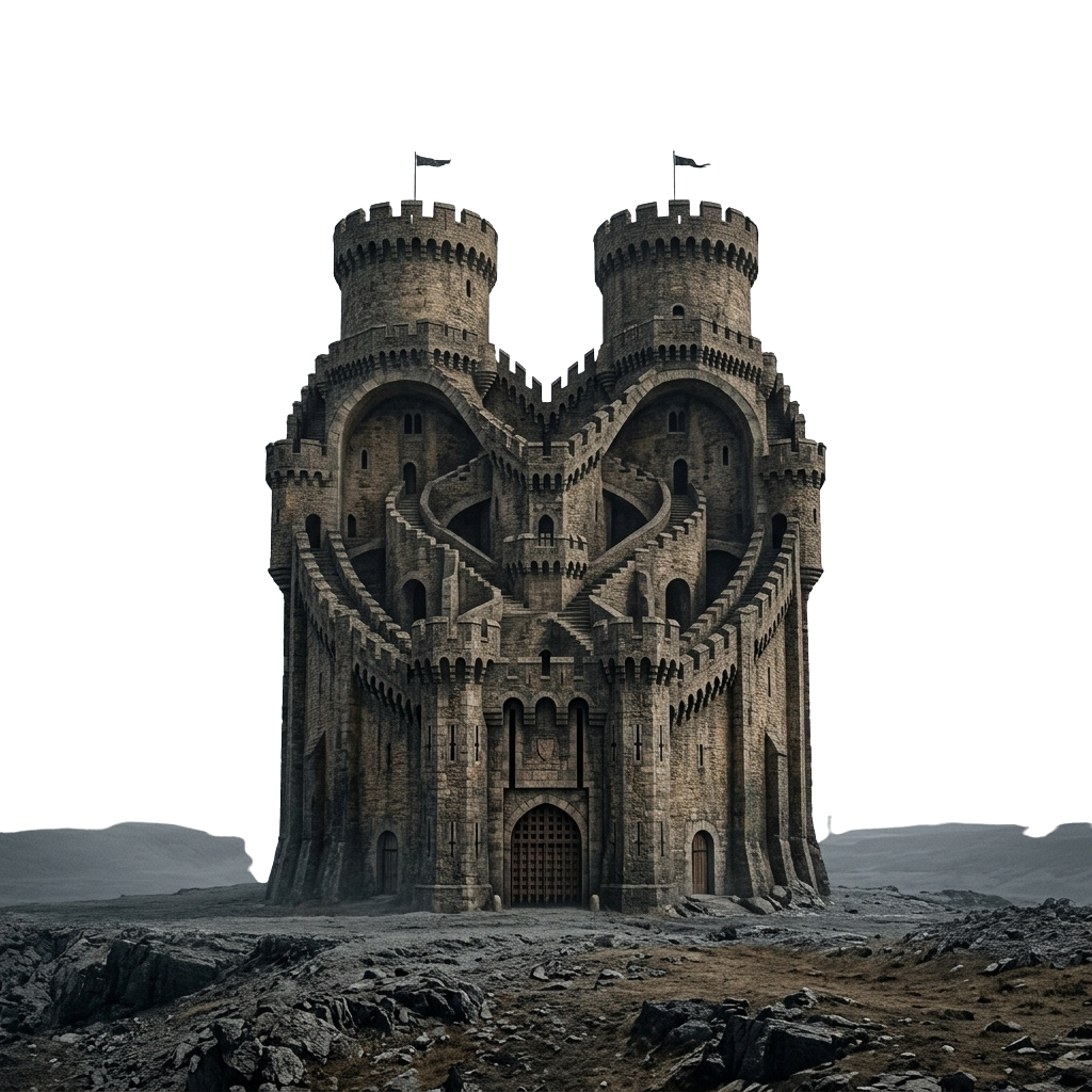 A surreal, floating castle with intricate towers and staircases against a dark sky and rocky base.