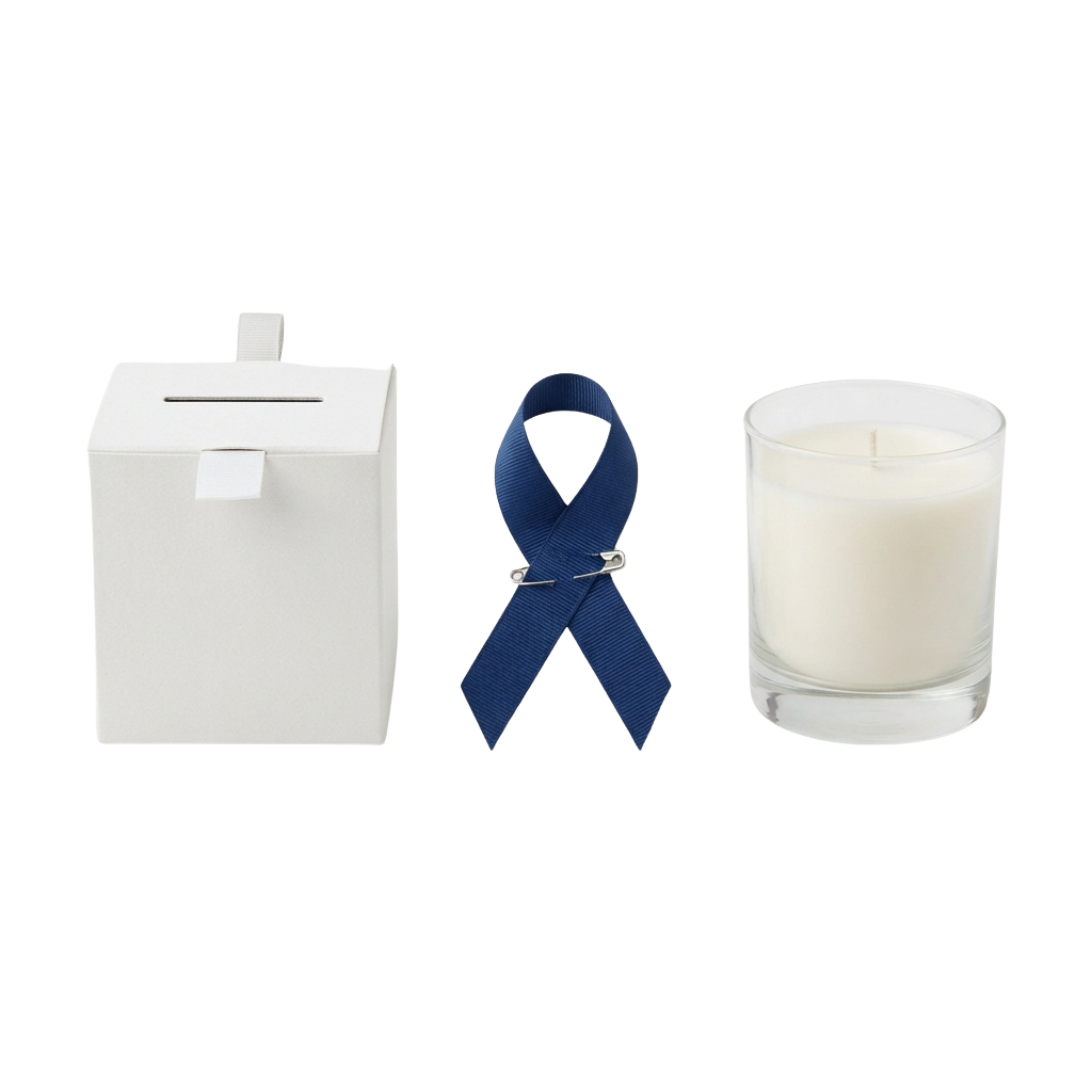 White donation box, blue prostate cancer awareness ribbon, and white candle on black background