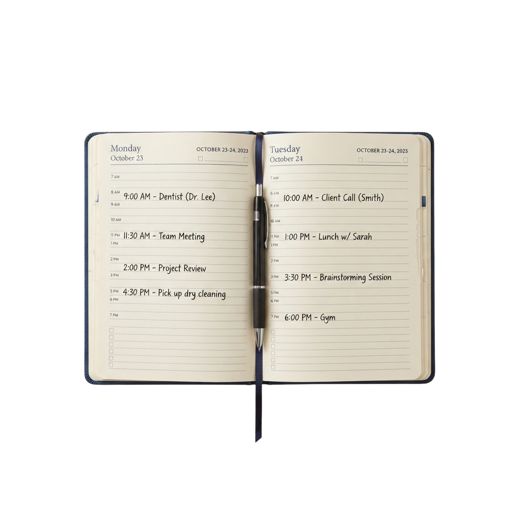 Two-page weekly planner with scheduled appointments for Monday and Tuesday, October 23-24, 2023
