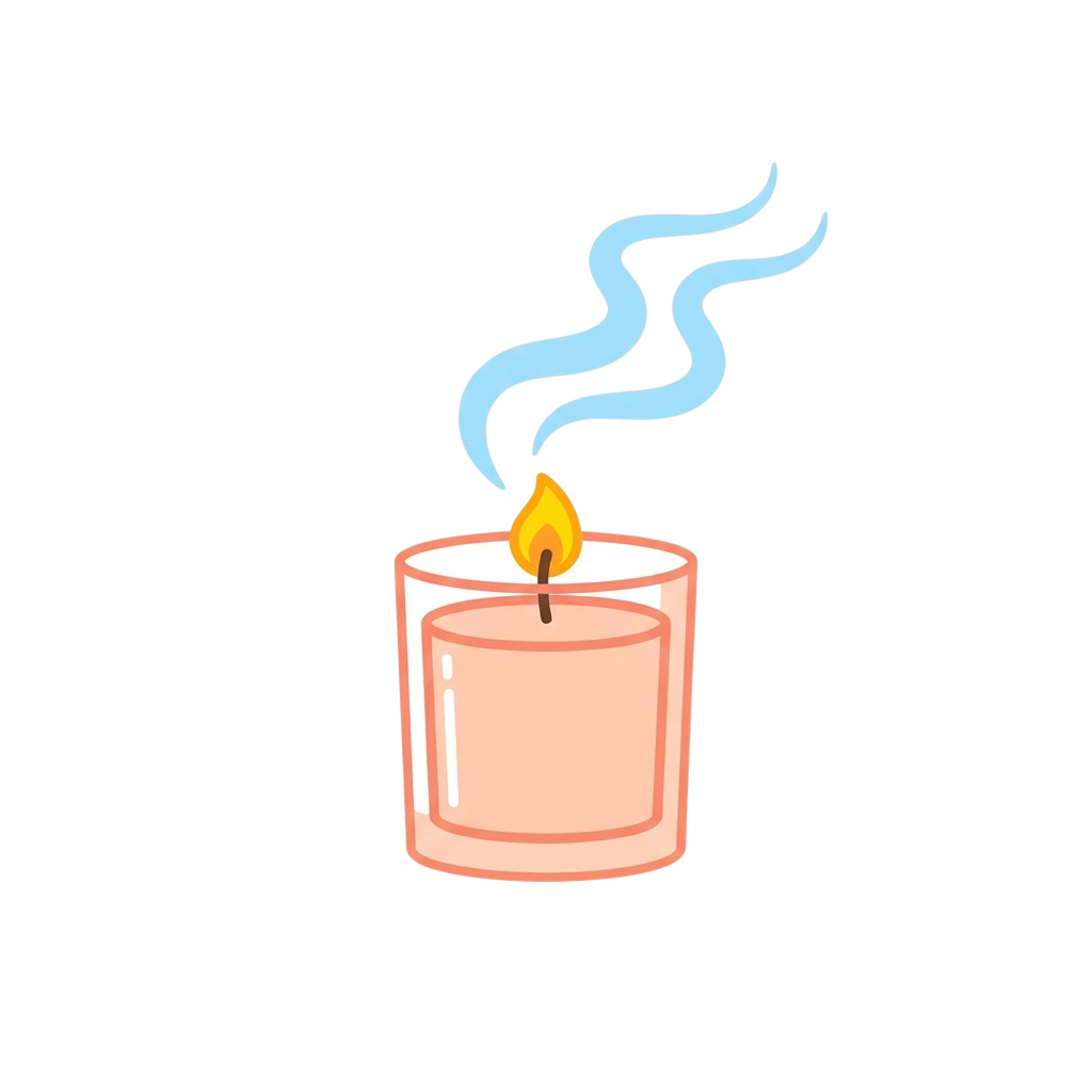 A lit candle with a small yellow flame and blue smoke rising upwards