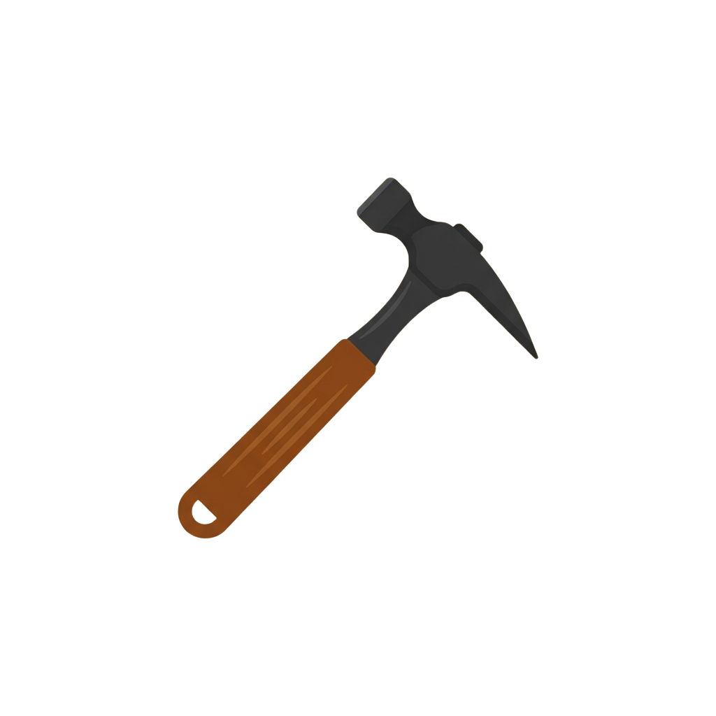 A hammer with a grey metal head and orange cylindrical handle