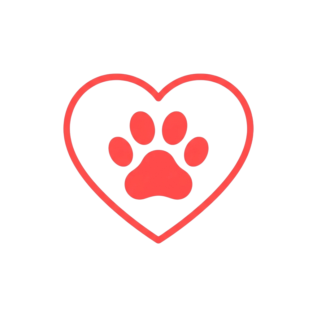 A red heart outline containing a stylized dog paw print
