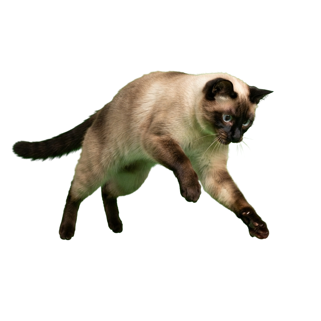 A Siamese cat mid-jump with a dark background, showing its sleek body and pointed features.