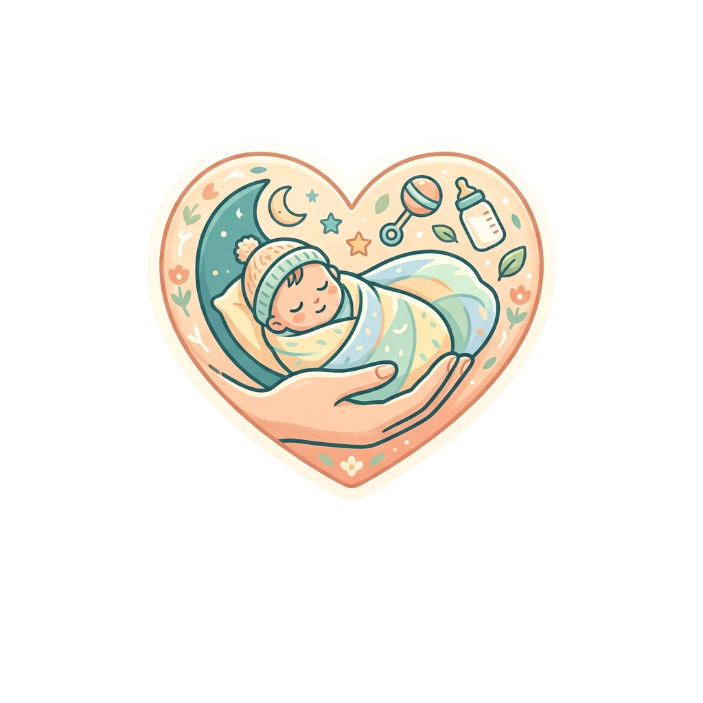 A heart-shaped illustration showing a sleeping baby inside, surrounded by baby care items like a bottle and rattle.