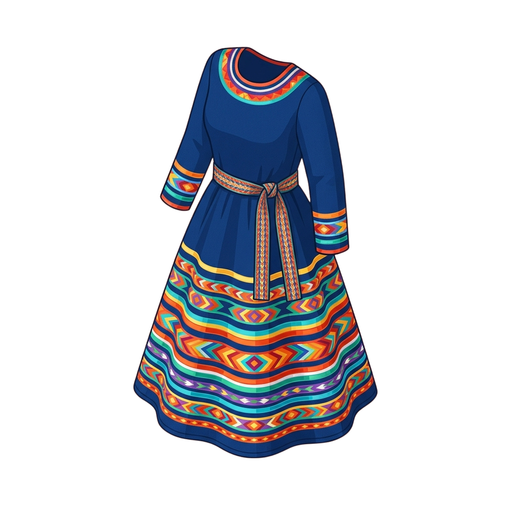 A vibrant blue dress with colorful geometric patterns on the skirt and sleeves, tied at the waist with a decorative belt.