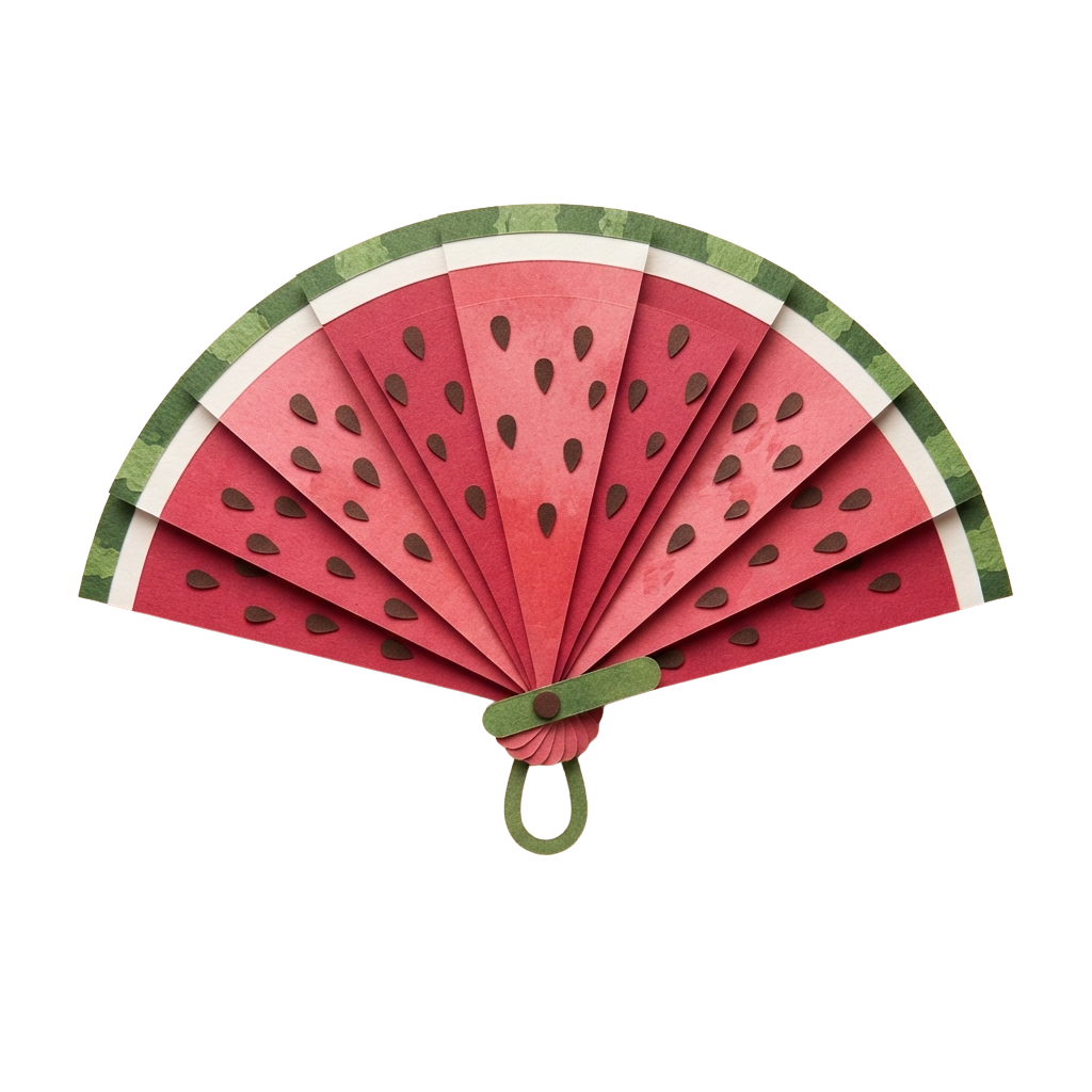 A decorative paper fan designed to look like a slice of watermelon with green rind edges and black seeds
