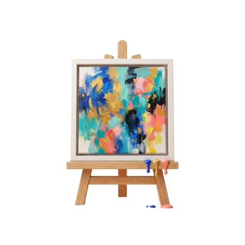 A wooden easel holding a vibrant abstract painting with bold brushstrokes in blue, orange, yellow, and white