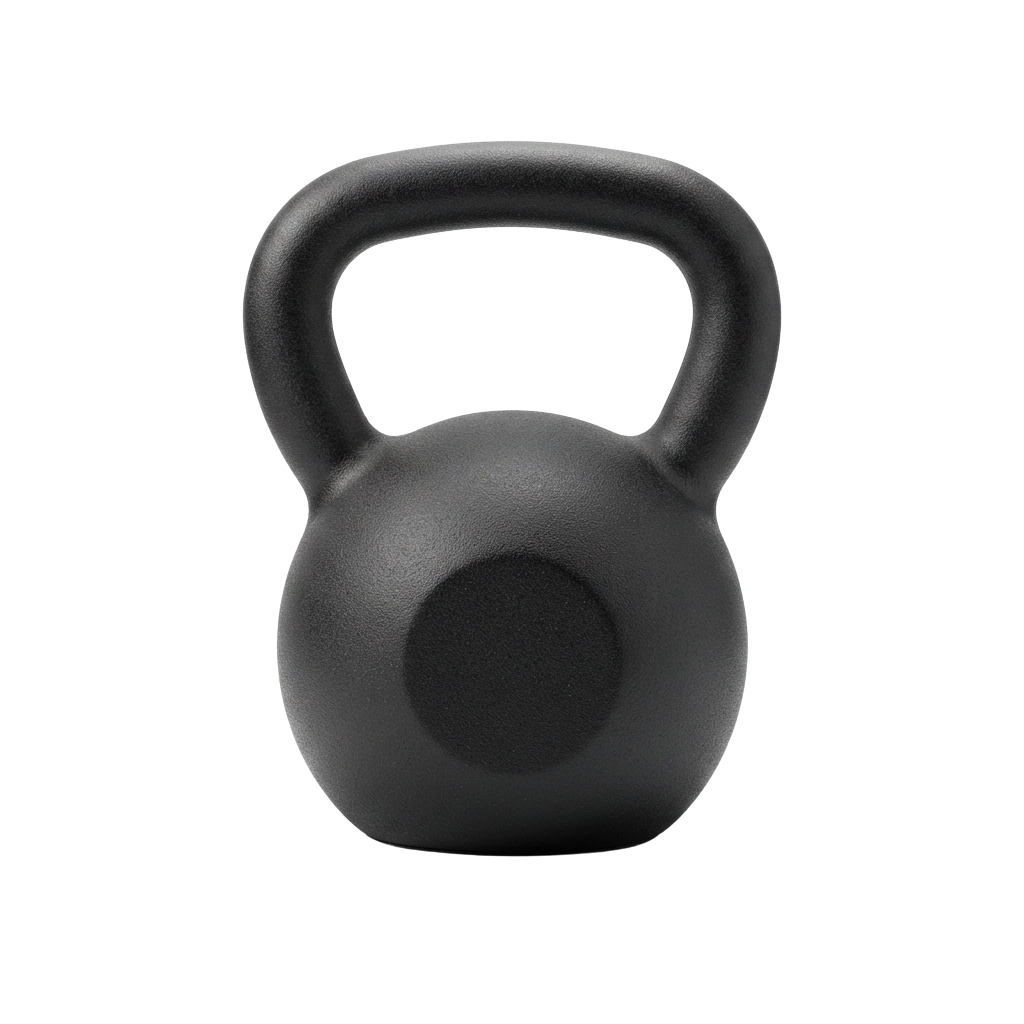 A black kettlebell with a handle on top, shown against a dark background