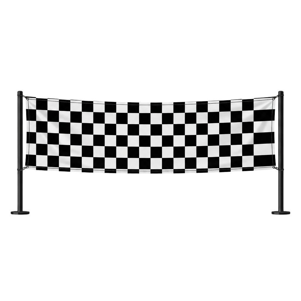 Black and white checkered flag banner displayed between two metal stands