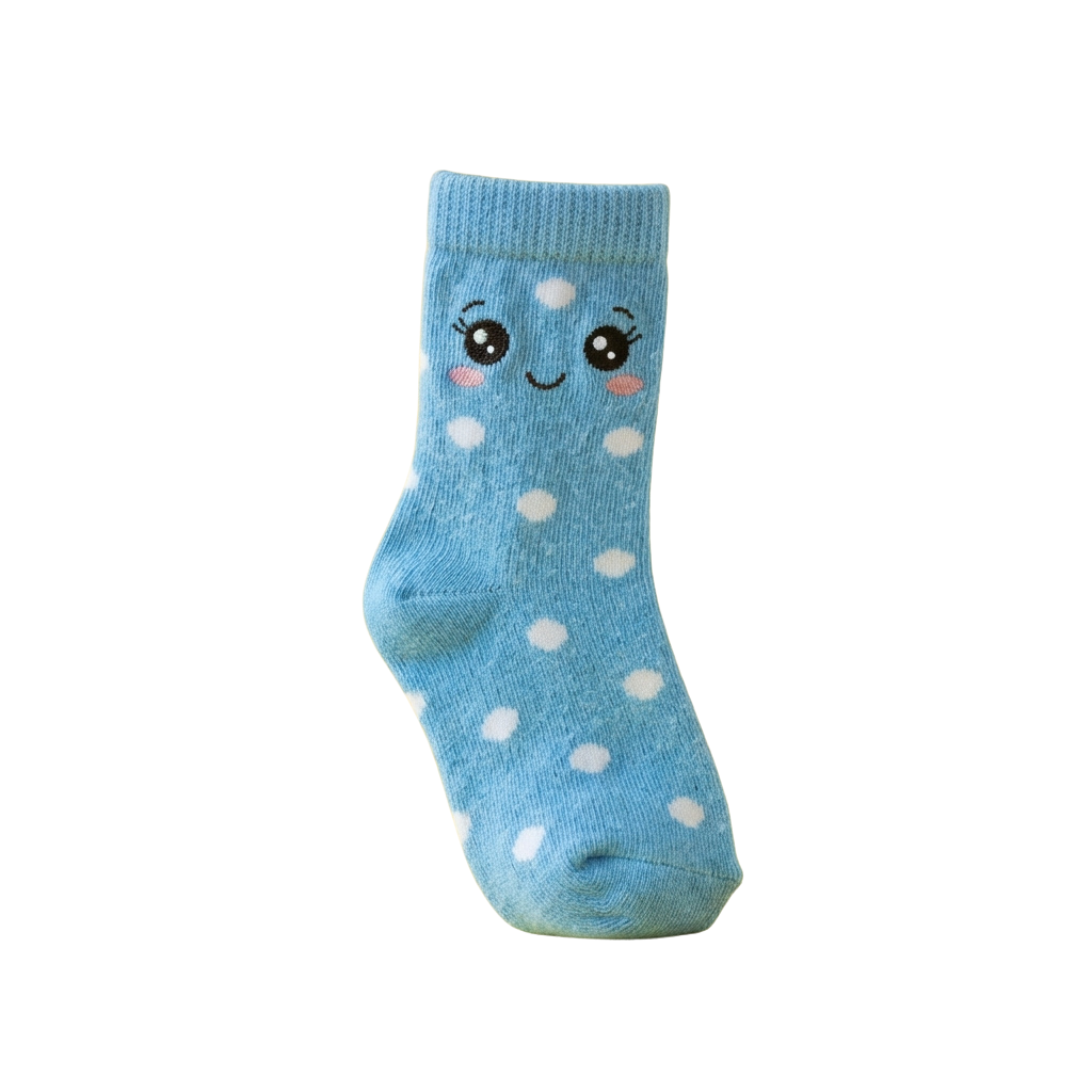 Blue socks with white polka dots and a smiling face design on the top