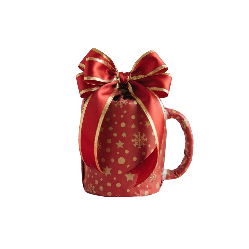 A red ceramic mug wrapped in festive red ribbon with a large bow, decorated with gold stars and snowflakes