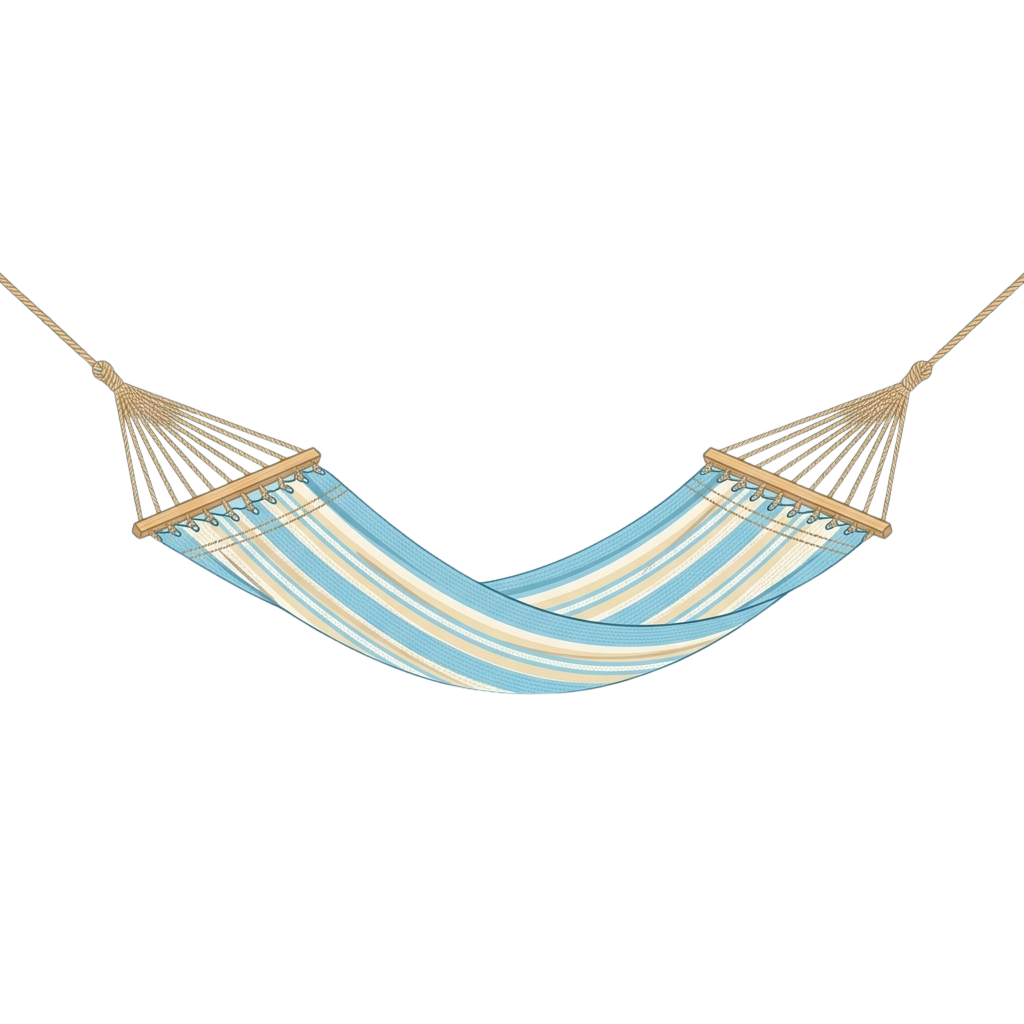 Light blue and white striped hanging hammock suspended between two wooden frames