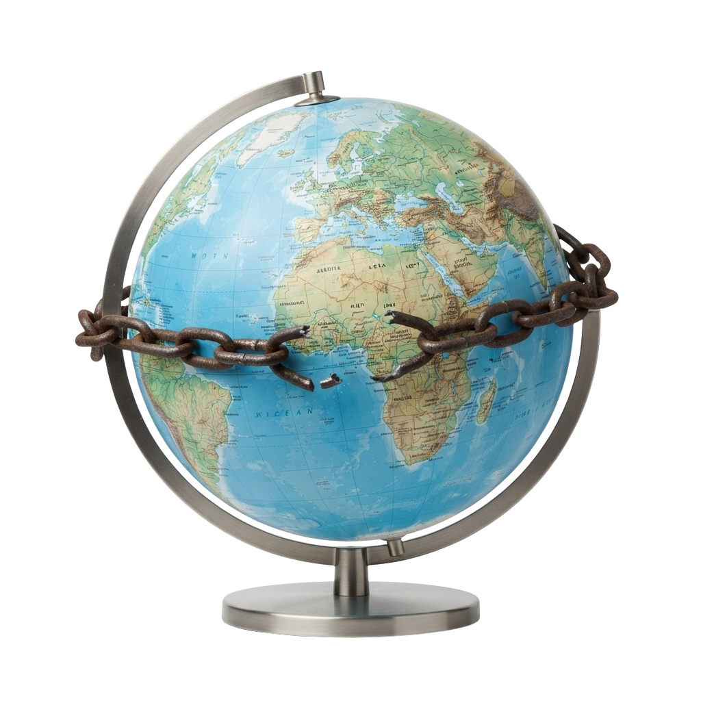 A globe encircled by a rust-colored metal chain around its equator, displayed on a metal stand.