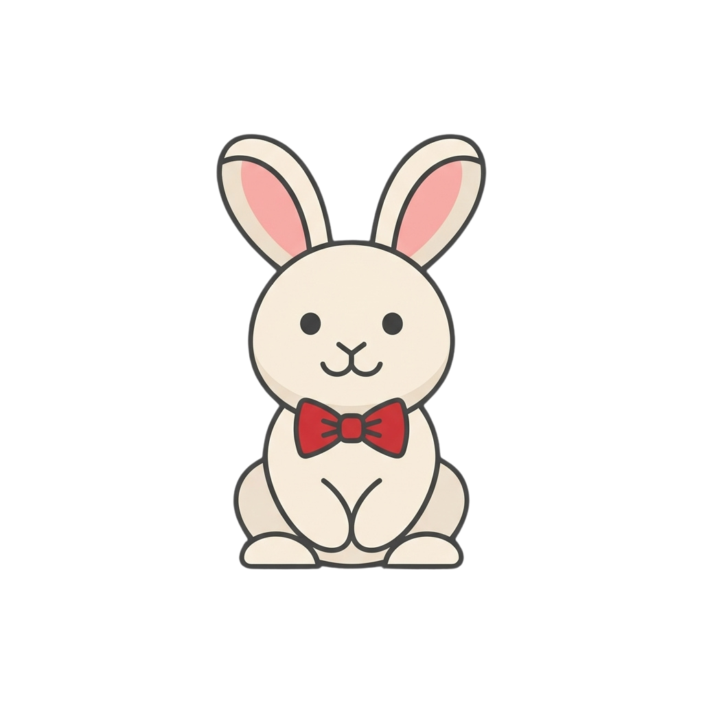 A white cartoon rabbit sitting and wearing a red bow tie