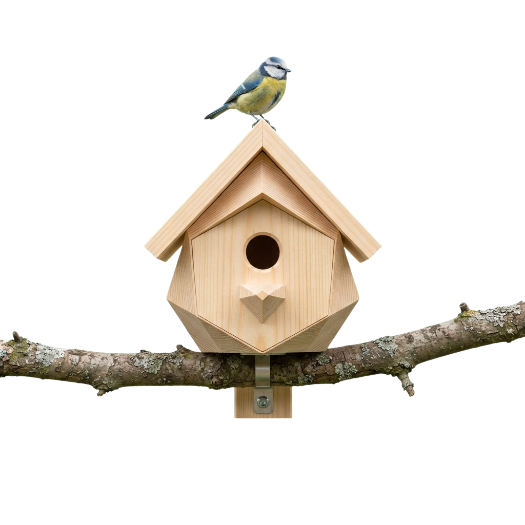A blue and yellow bird perched on top of a light-colored wooden birdhouse attached to a tree branch