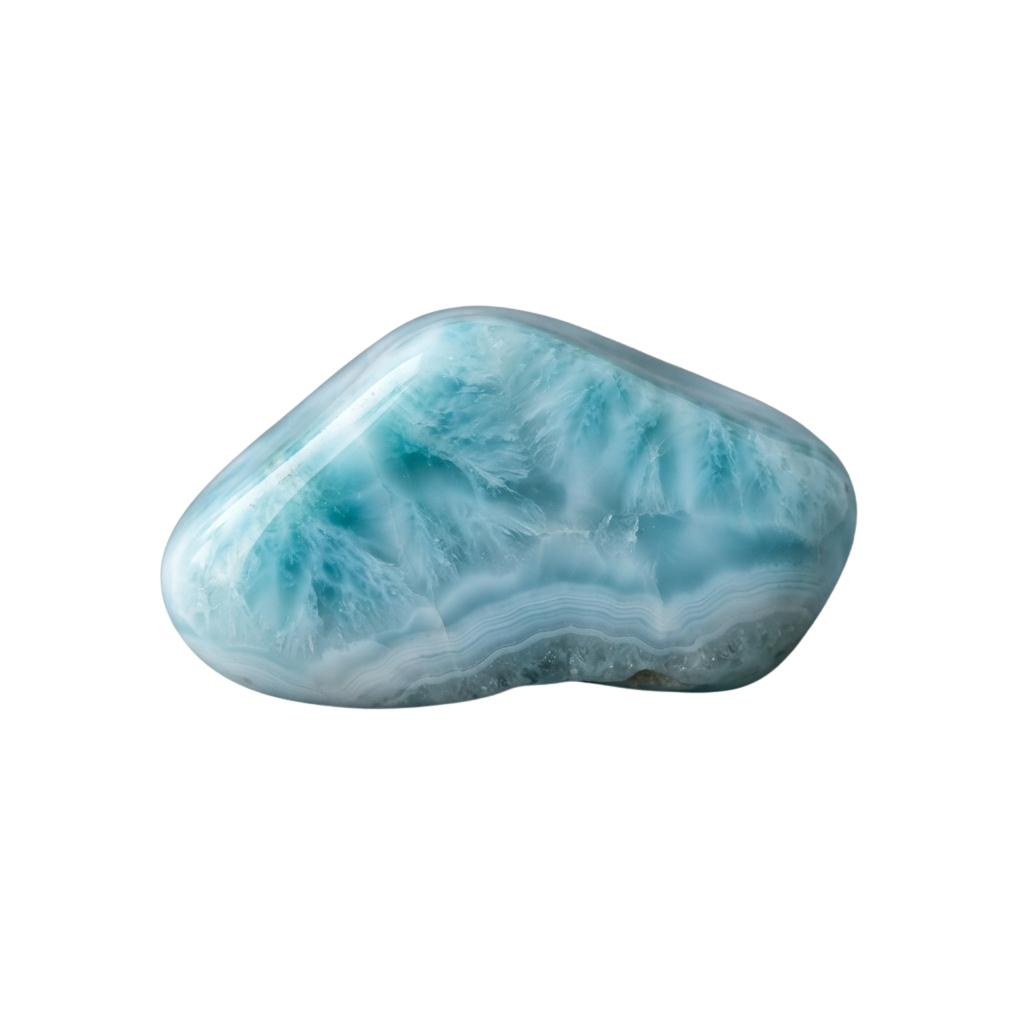 A smooth, light blue and white agate stone with intricate lace-like patterns.