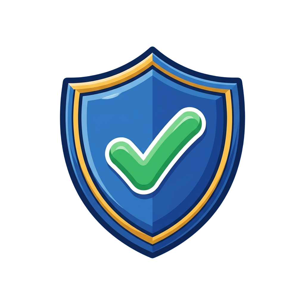 A blue shield with a green checkmark indicating security or approval