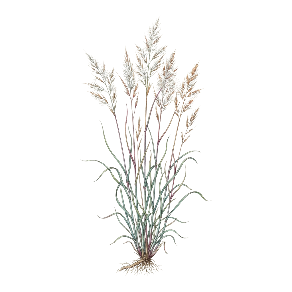 A dried ornamental grass plant featuring slender stems and feathery, light-colored seed heads.