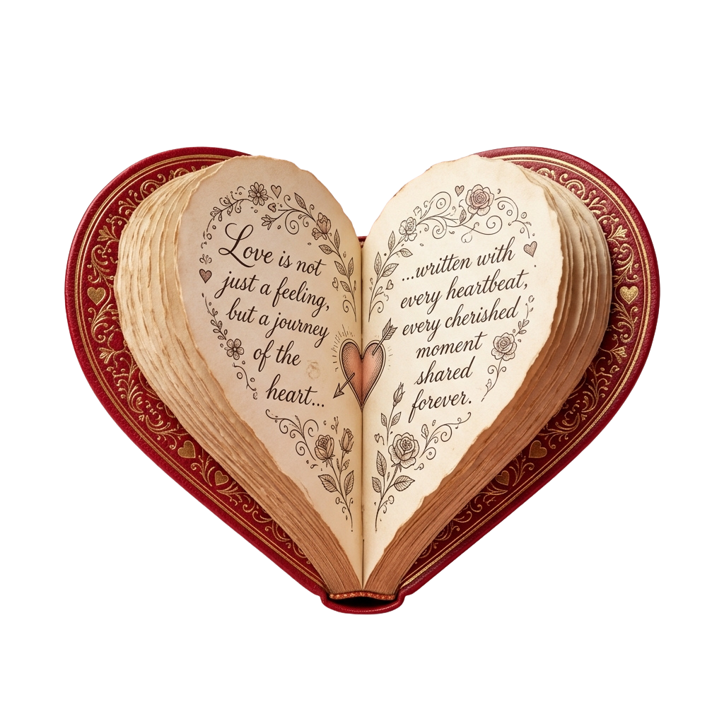 Open heart-shaped book with romantic text about love and cherished moments