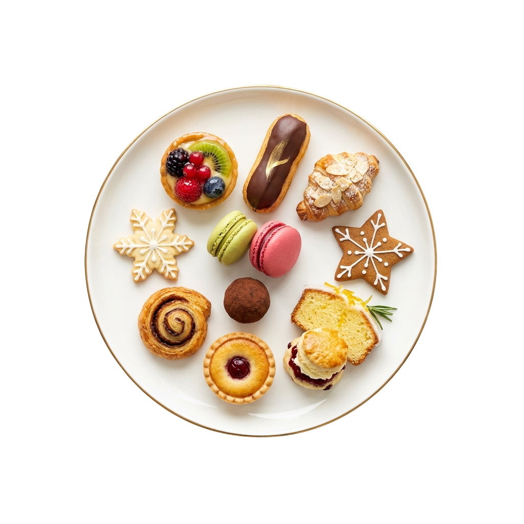 Plate with nine different types of small pastries and desserts arranged neatly