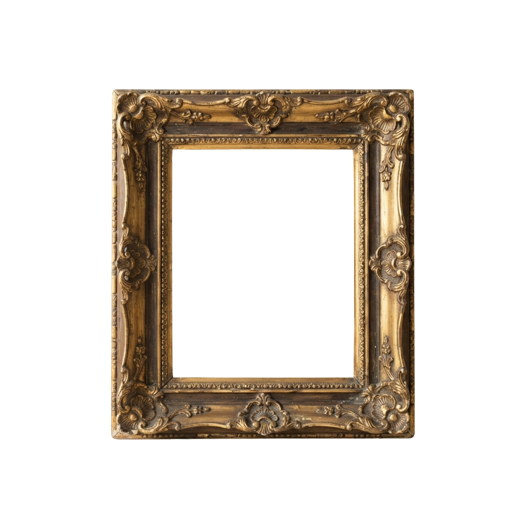 An intricately designed gold-toned ornate frame with detailed carvings and decorative patterns.