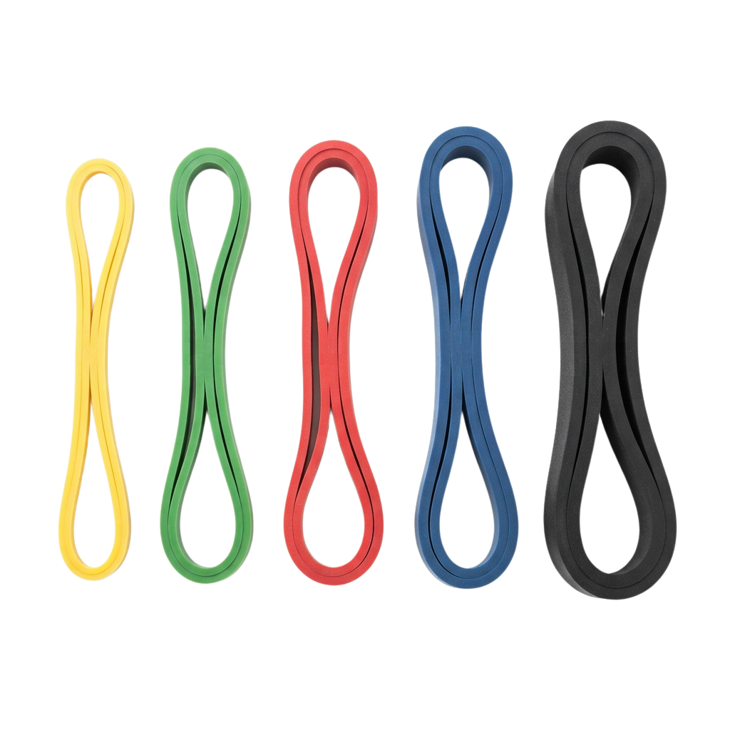 Five resistance bands in yellow, green, red, blue, and black laid out horizontally on a dark background